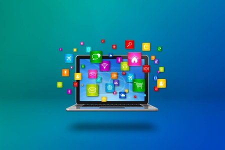 Photo for Flying icons around a laptop. Cloud computing concept. 3D illustration isolated on blue background. - Royalty Free Image