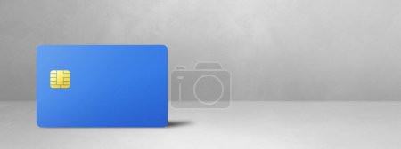 Téléchargez les photos : Modèle de carte de crédit bleue sur fond de béton blanc. Illustration 3D - en image libre de droit