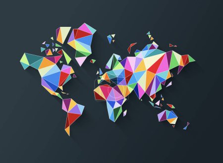 Foto de Forma de mapa del mundo hecho de polígonos de colores. Ilustración 3D aislada sobre fondo negro - Imagen libre de derechos