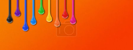 Foto de Coloridas gotas de tinta aisladas sobre fondo naranja. Banner horizontal. Ilustración 3D - Imagen libre de derechos