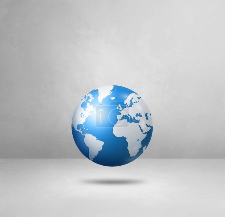 Téléchargez les photos : Globe mondial, carte bleue de la terre, flottant sur un fond blanc. Illustration 3D isolée. Modèle carré - en image libre de droit