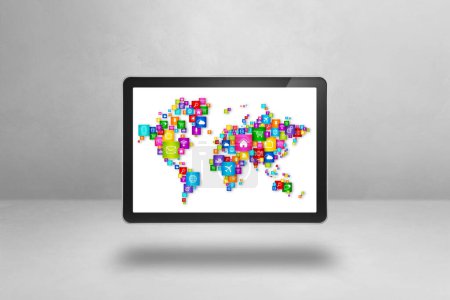 Photo for World Map made of icons in a tablet PC screen. Global communication concept isolated on white background. 3D illustration - Royalty Free Image