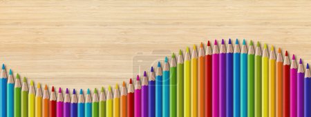 Téléchargez les photos : Set crayon coloré isolé sur fond bois. Panoramique papier peint bannière. - en image libre de droit
