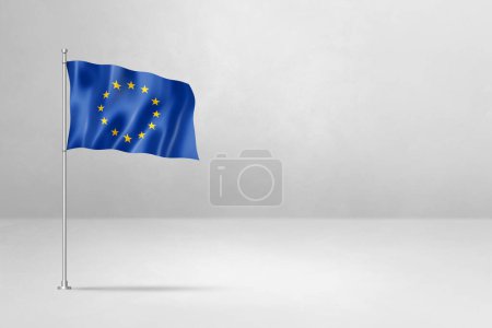 Foto de Bandera de la Unión Europea, ilustración 3D, aislada sobre fondo de pared de hormigón blanco - Imagen libre de derechos