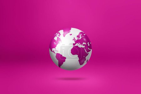 Téléchargez les photos : Globe terrestre, carte de la terre, flottant sur un fond rose. Illustration 3D isolée. Modèle horizontal - en image libre de droit