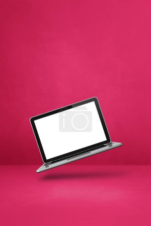 Photo for Blank computer laptop floating over a pink background. 3D isolated illustration. Vertical template - Royalty Free Image