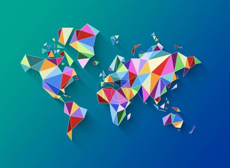 World map shape made of colorful polygons. 3D illustration isolated on a blue background