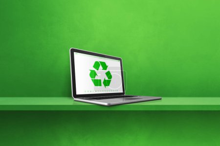 Foto de Ordenador portátil en un estante con un símbolo de reciclaje en la pantalla. concepto de conservación ambiental. Ilustración 3D aislada sobre fondo verde - Imagen libre de derechos