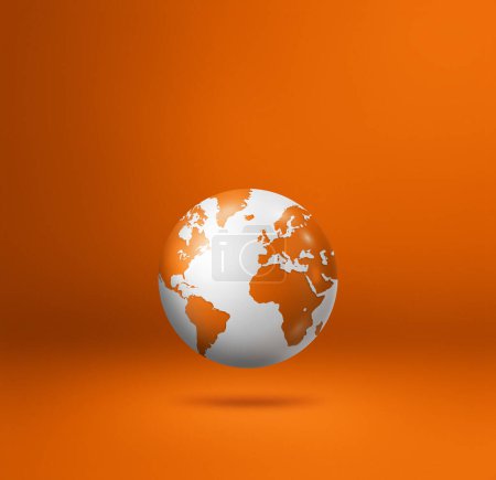 Téléchargez les photos : Globe terrestre, carte de la terre, flottant sur un fond orange. Illustration 3D isolée. Modèle carré - en image libre de droit