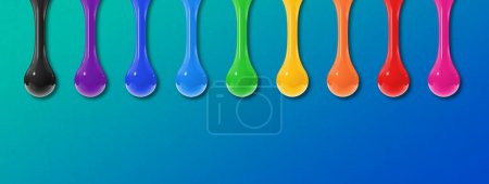 Photo for Colorful ink drops isolated on blue background. Horizontal banner. 3D illustration - Royalty Free Image