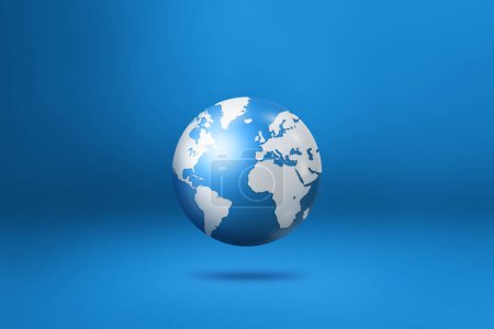 Foto de Globo mundial, mapa de la tierra, flotando sobre un fondo azul. Ilustración aislada 3D. Plantilla horizontal - Imagen libre de derechos