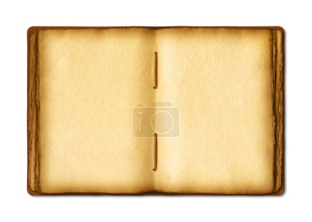 Photo for Old open medieval book with worn parchment pages. Blank textured manuscript, copy space. Isolated on white background - Royalty Free Image