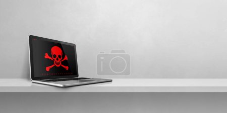 Photo for Laptop on a shelf with a pirate symbol on screen. Hacking and virus concept. 3D illustration isolated on white background. Horizontal banner - Royalty Free Image