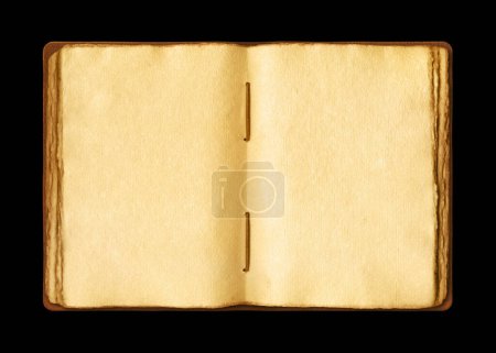 Photo for Old open medieval book with worn parchment pages. Blank textured manuscript, copy space. Isolated on black background - Royalty Free Image