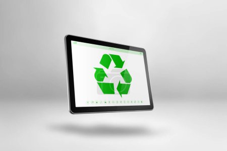 Téléchargez les photos : Tablette numérique avec un symbole de recyclage à l'écran. concept de conservation de l'environnement. Illustration 3D isolée sur fond blanc - en image libre de droit