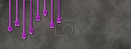 Téléchargez les photos : Des gouttes d'encre violette isolées sur un mur en béton foncé. Bannière horizontale. Illustration 3D - en image libre de droit