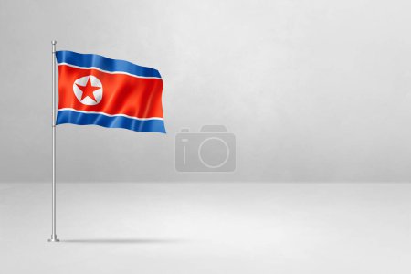 Foto de Bandera de Corea del Norte, ilustración 3D, aislada sobre fondo de pared de hormigón blanco - Imagen libre de derechos