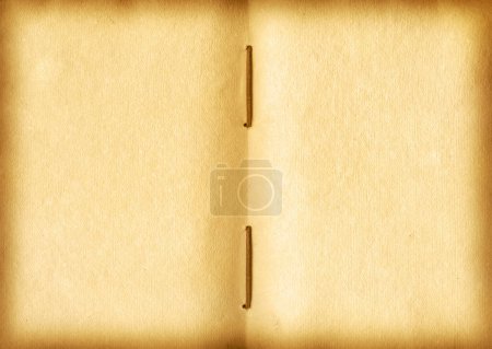 Photo for Old open medieval book with worn parchment pages. Blank textured manuscript, copy space - Royalty Free Image