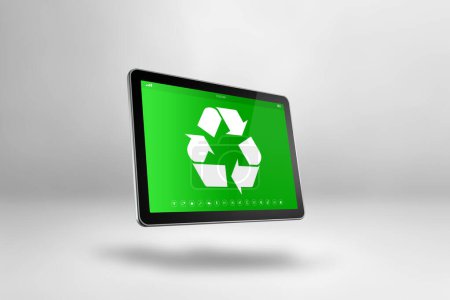 Foto de Tablet PC digital con un símbolo de reciclaje en la pantalla. concepto de conservación ambiental. Ilustración 3D aislada sobre fondo blanco - Imagen libre de derechos