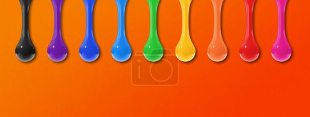 Téléchargez les photos : Des gouttes d'encre colorées isolées sur fond orange. Bannière horizontale. Illustration 3D - en image libre de droit