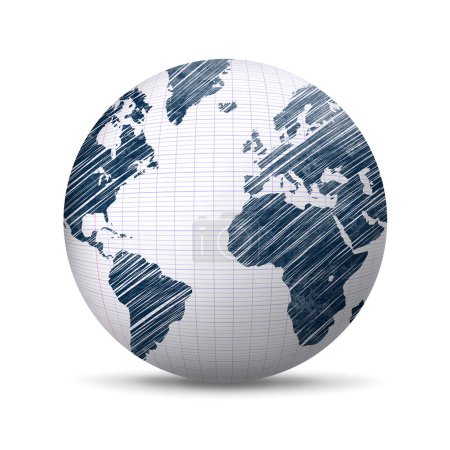 Foto de Mapa del mundo dibujado en pluma azul en el globo de papel de la escuela. Ilustración 3D - Imagen libre de derechos