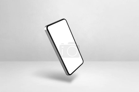 Foto de Smartphone en blanco flotando sobre un fondo blanco. Ilustración aislada 3D. Plantilla horizontal - Imagen libre de derechos