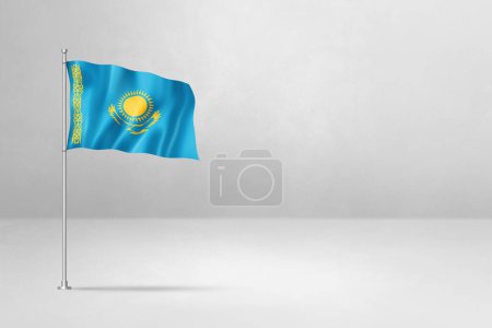 Foto de Bandera de Kazajstán, ilustración 3D, aislada sobre fondo de pared de hormigón blanco - Imagen libre de derechos