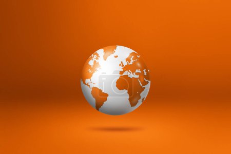 Téléchargez les photos : Globe terrestre, carte de la terre, flottant sur un fond orange. Illustration 3D isolée. Modèle horizontal - en image libre de droit