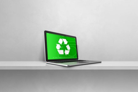 Foto de Ordenador portátil en un estante con un símbolo de reciclaje en la pantalla. concepto de conservación ambiental. Ilustración 3D aislada sobre fondo blanco - Imagen libre de derechos