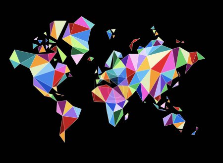 Photo for World map shape made of colorful polygons. 3D illustration isolated on a black background - Royalty Free Image