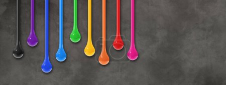 Photo for Colorful ink drops isolated on dark concrete wall. Horizontal banner. 3D illustration - Royalty Free Image