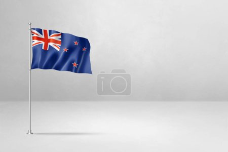 Foto de Bandera de Nueva Zelanda, ilustración 3D, aislada sobre fondo de pared de hormigón blanco - Imagen libre de derechos