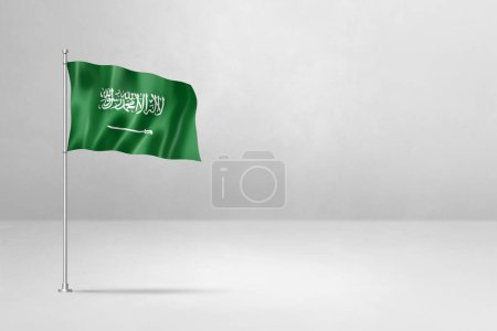Foto de Bandera de Arabia Saudita, ilustración 3D, aislada sobre fondo de pared de hormigón blanco - Imagen libre de derechos