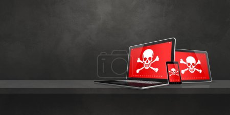 Laptop tablet pc and smartphone on a shelf with pirate symbols on screen. Hacking and virus concept. 3D illustration isolated on black background. Horizontal banner