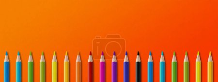 Photo for Wooden colored pencil set isolated on orange. Panoramic banner background. - Royalty Free Image