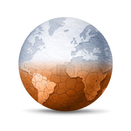 Téléchargez les photos : Le globe mondial connaît la fonte des neiges et la sécheresse dues au réchauffement climatique. Isolé sur fond blanc. Illustration 3D - en image libre de droit