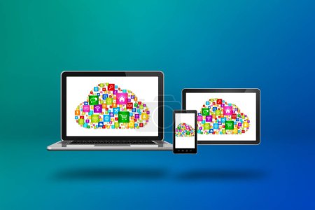 Photo for Cloud computing symbol and icons on laptop, smartphone and tablet pc. 3D illustration isolated on blue background. - Royalty Free Image