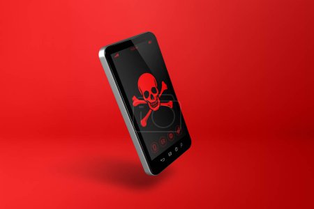 Photo for Smartphone with a pirate symbol on screen. Hacking and virus concept. 3D illustration isolated on red background - Royalty Free Image