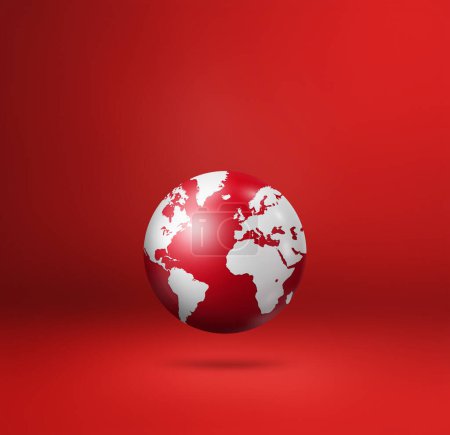 Téléchargez les photos : Globe terrestre, carte de la terre, flottant sur un fond rouge. Illustration 3D isolée. Modèle carré - en image libre de droit