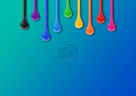 Photo for Colorful ink drops isolated on blue background. Horizontal wallpaper. 3D illustration - Royalty Free Image