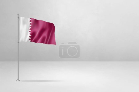 Téléchargez les photos : Drapeau Qatar, illustration 3D, isolé sur fond de mur en béton blanc - en image libre de droit