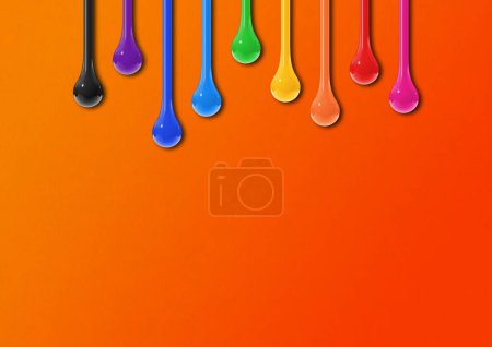Foto de Coloridas gotas de tinta aisladas sobre fondo naranja. Fondo de pantalla horizontal. Ilustración 3D - Imagen libre de derechos