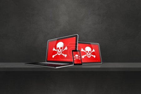Laptop tablet pc and smartphone on a shelf with pirate symbols on screen. Hacking and virus concept. 3D illustration isolated on black background