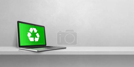 Foto de Ordenador portátil en un estante con un símbolo de reciclaje en la pantalla. concepto de conservación ambiental. Ilustración 3D aislada sobre fondo blanco. Banner horizontal - Imagen libre de derechos