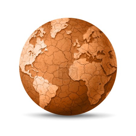 Foto de Globo mundo seco y agrietado aislado sobre fondo blanco. Símbolo del calentamiento global. Ilustración 3D - Imagen libre de derechos