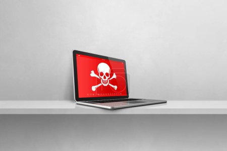 Photo for Laptop on a shelf with a pirate symbol on screen. Hacking and virus concept. 3D illustration isolated on white background - Royalty Free Image