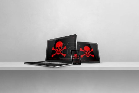 Laptop-Tablet-PC und Smartphone in einem Regal mit Piratensymbolen auf dem Bildschirm. Hacking und Virenkonzept. 3D-Illustration isoliert auf weißem Hintergrund