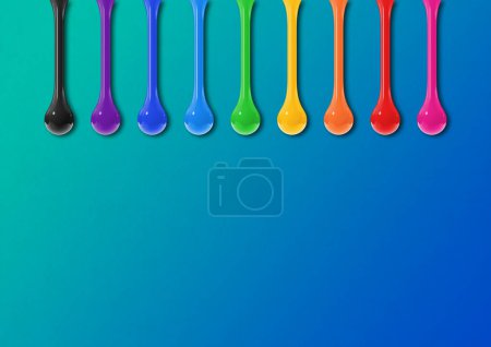 Foto de Coloridas gotas de tinta aisladas sobre fondo azul. Fondo de pantalla horizontal. Ilustración 3D - Imagen libre de derechos