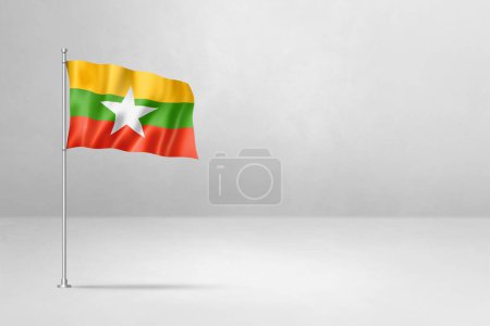 Foto de Birmania Myanmar bandera, ilustración 3D, aislado sobre fondo de pared de hormigón blanco - Imagen libre de derechos