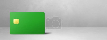 Téléchargez les photos : Modèle de carte de crédit verte sur fond de béton blanc. Illustration 3D - en image libre de droit